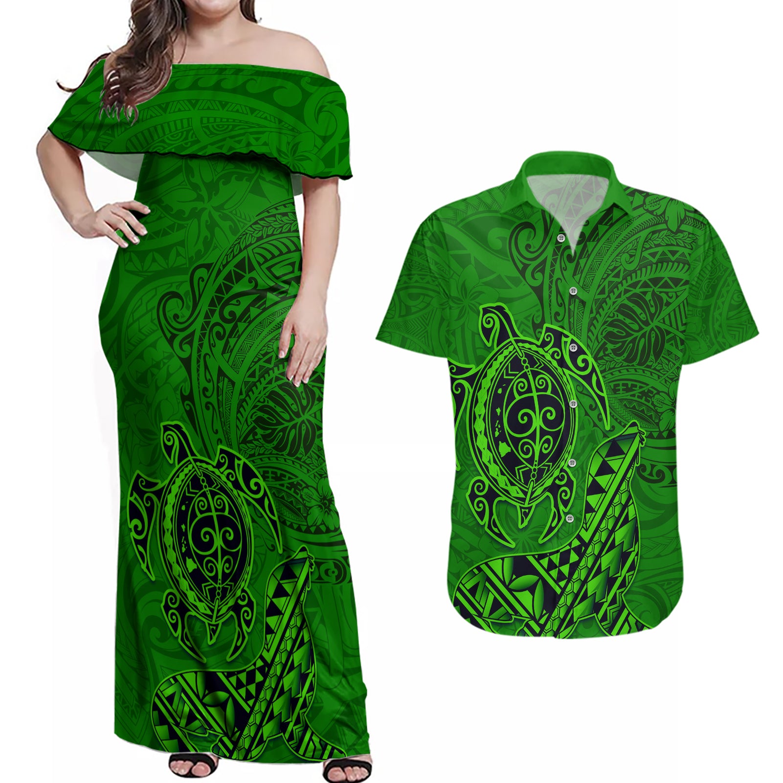 Hawaii Monk Seal and Dolphin Couples Matching Off Shoulder Maxi Dress and Hawaiian Shirt Polynesian Kakau Pattern Green