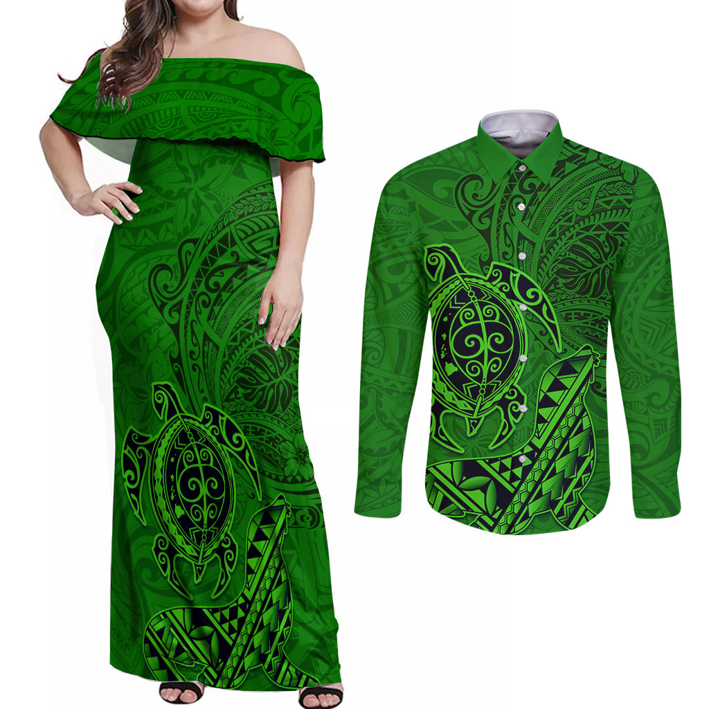 Hawaii Monk Seal and Dolphin Couples Matching Off Shoulder Maxi Dress and Long Sleeve Button Shirt Polynesian Kakau Pattern Green LT03 Green - Polynesian Pride