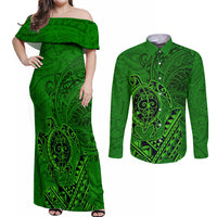 Hawaii Monk Seal and Dolphin Couples Matching Off Shoulder Maxi Dress and Long Sleeve Button Shirt Polynesian Kakau Pattern Green LT03 Green - Polynesian Pride