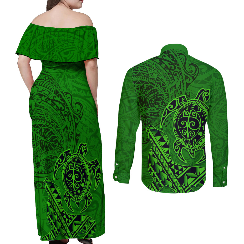 Hawaii Monk Seal and Dolphin Couples Matching Off Shoulder Maxi Dress and Long Sleeve Button Shirt Polynesian Kakau Pattern Green LT03 - Polynesian Pride