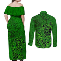 Hawaii Monk Seal and Dolphin Couples Matching Off Shoulder Maxi Dress and Long Sleeve Button Shirt Polynesian Kakau Pattern Green LT03 - Polynesian Pride