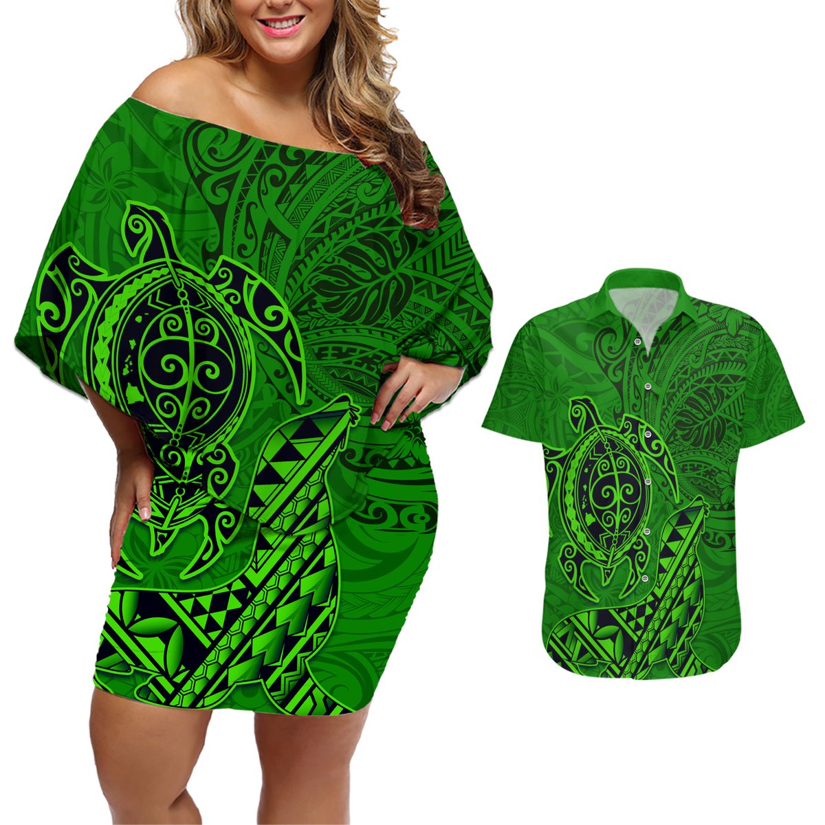 Hawaii Monk Seal and Dolphin Couples Matching Off Shoulder Short Dress and Hawaiian Shirt Polynesian Kakau Pattern Green LT03 Green - Polynesian Pride