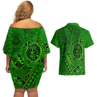 Hawaii Monk Seal and Dolphin Couples Matching Off Shoulder Short Dress and Hawaiian Shirt Polynesian Kakau Pattern Green LT03 - Polynesian Pride