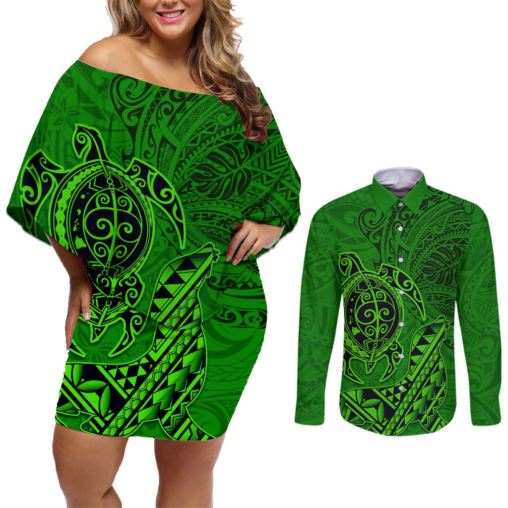 Hawaii Monk Seal and Dolphin Couples Matching Off Shoulder Short Dress and Long Sleeve Button Shirt Polynesian Kakau Pattern Green LT03 Green - Polynesian Pride