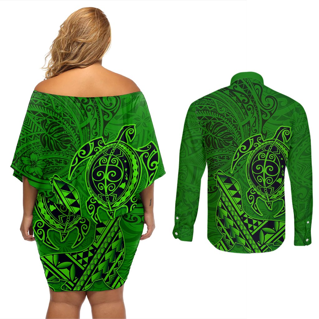 Hawaii Monk Seal and Dolphin Couples Matching Off Shoulder Short Dress and Long Sleeve Button Shirt Polynesian Kakau Pattern Green LT03 - Polynesian Pride