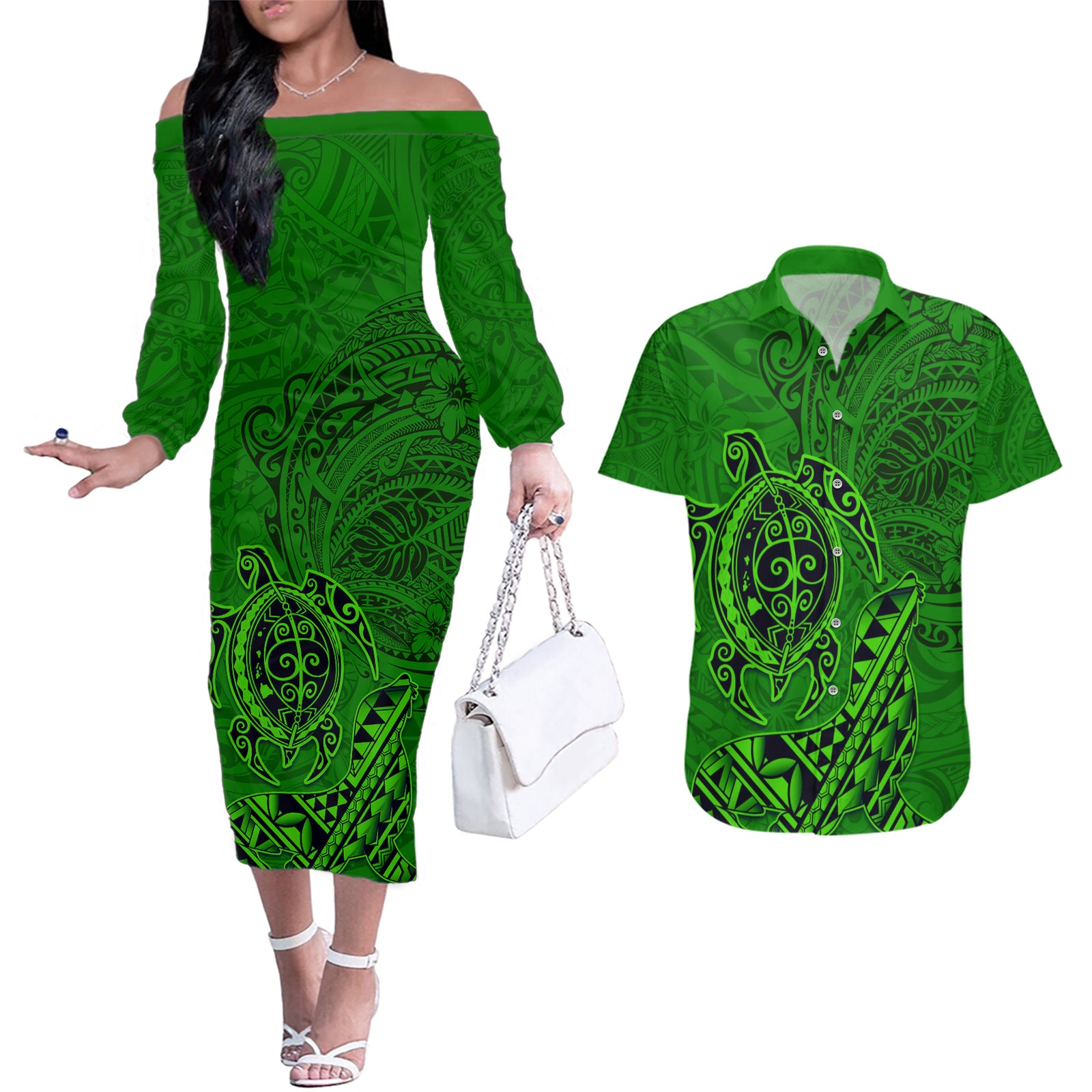 Hawaii Monk Seal and Dolphin Couples Matching Off The Shoulder Long Sleeve Dress and Hawaiian Shirt Polynesian Kakau Pattern Green LT03 Green - Polynesian Pride
