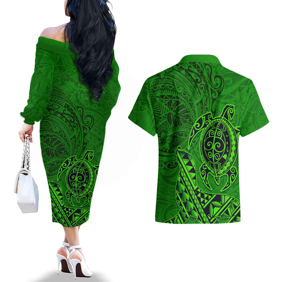 Hawaii Monk Seal and Dolphin Couples Matching Off The Shoulder Long Sleeve Dress and Hawaiian Shirt Polynesian Kakau Pattern Green LT03 - Polynesian Pride