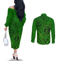 Hawaii Monk Seal and Dolphin Couples Matching Off The Shoulder Long Sleeve Dress and Long Sleeve Button Shirt Polynesian Kakau Pattern Green LT03 - Polynesian Pride