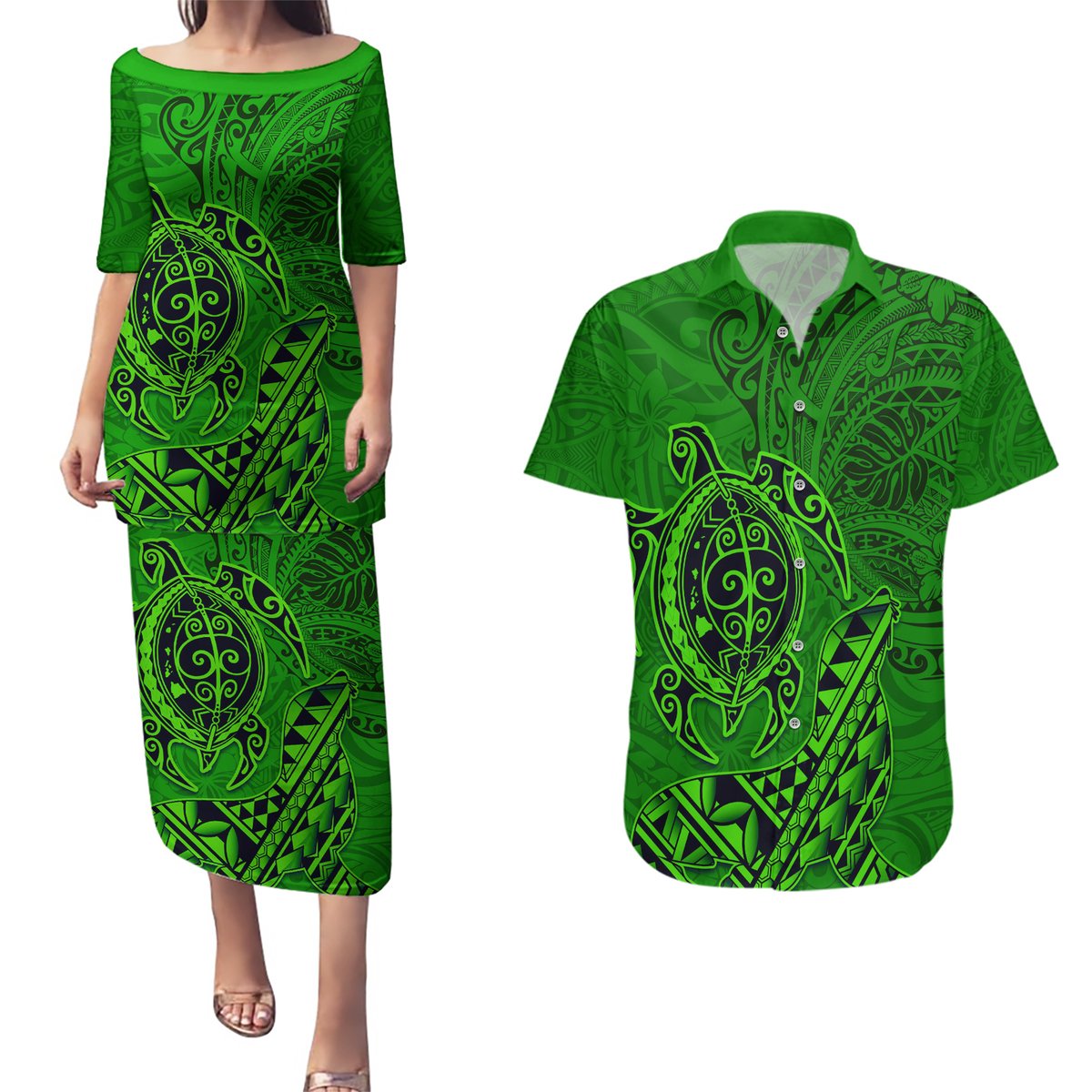 Hawaii Monk Seal and Dolphin Couples Matching Puletasi and Hawaiian Shirt Polynesian Kakau Pattern Green LT03 Green - Polynesian Pride