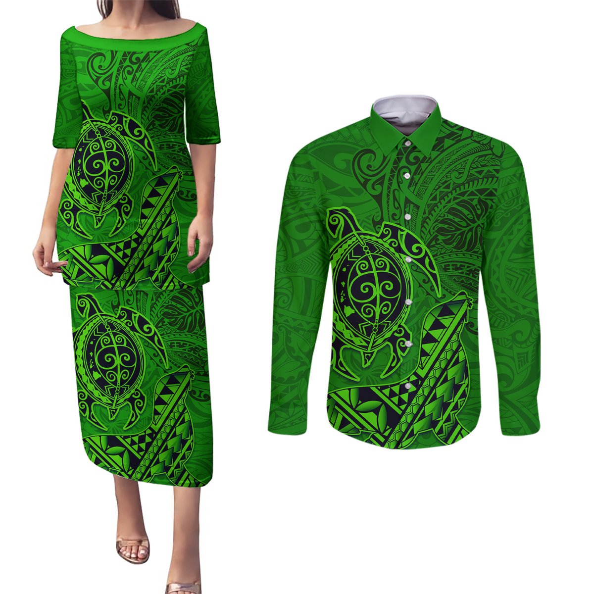 Hawaii Monk Seal and Dolphin Couples Matching Puletasi and Long Sleeve Button Shirt Polynesian Kakau Pattern Green LT03 Green - Polynesian Pride