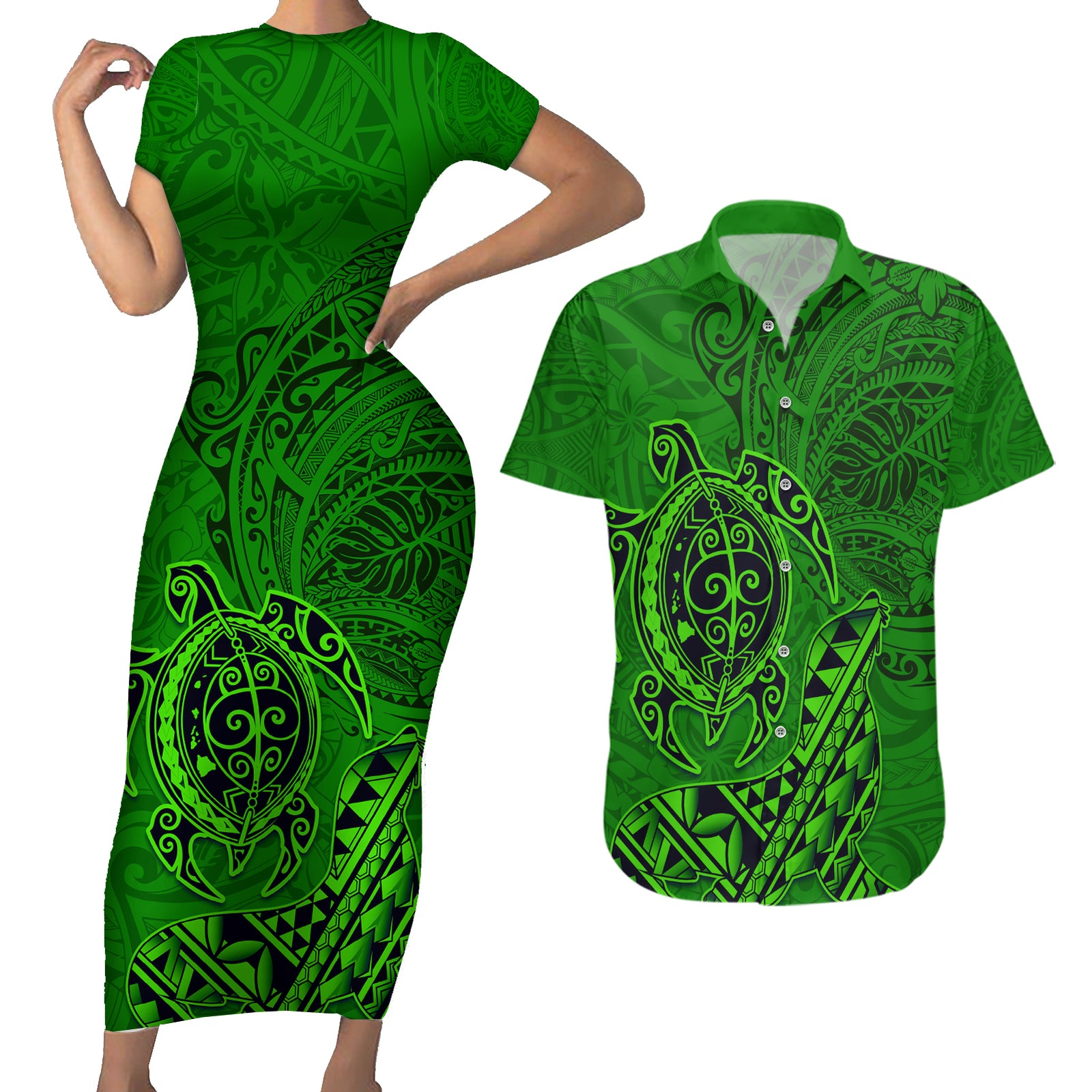 Hawaii Monk Seal and Dolphin Couples Matching Short Sleeve Bodycon Dress and Hawaiian Shirt Polynesian Kakau Pattern Green LT03 Green - Polynesian Pride