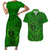 Hawaii Monk Seal and Dolphin Couples Matching Short Sleeve Bodycon Dress and Hawaiian Shirt Polynesian Kakau Pattern Green