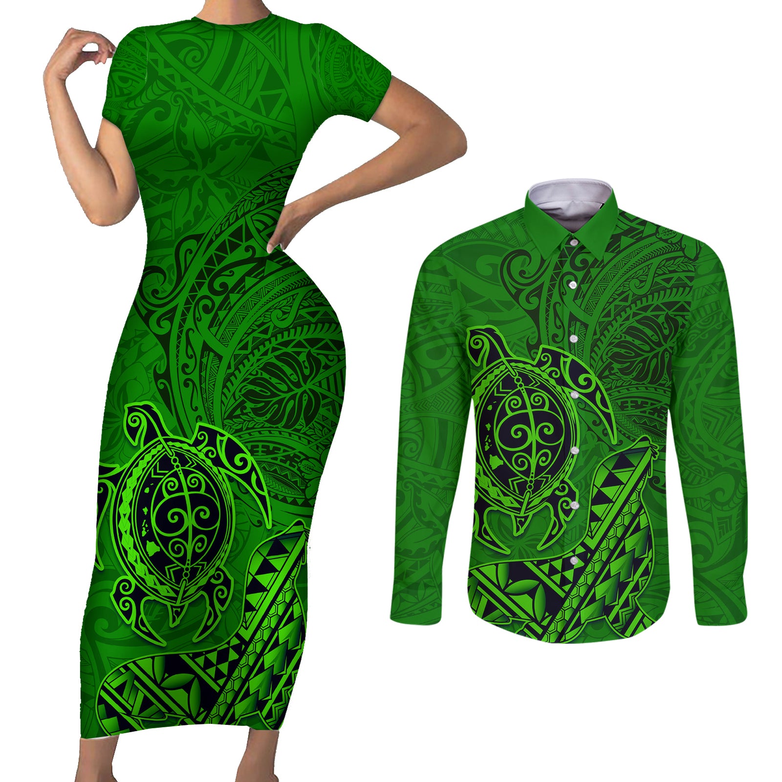 Hawaii Monk Seal and Dolphin Couples Matching Short Sleeve Bodycon Dress and Long Sleeve Button Shirt Polynesian Kakau Pattern Green LT03 Green - Polynesian Pride
