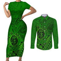 Hawaii Monk Seal and Dolphin Couples Matching Short Sleeve Bodycon Dress and Long Sleeve Button Shirt Polynesian Kakau Pattern Green LT03 Green - Polynesian Pride