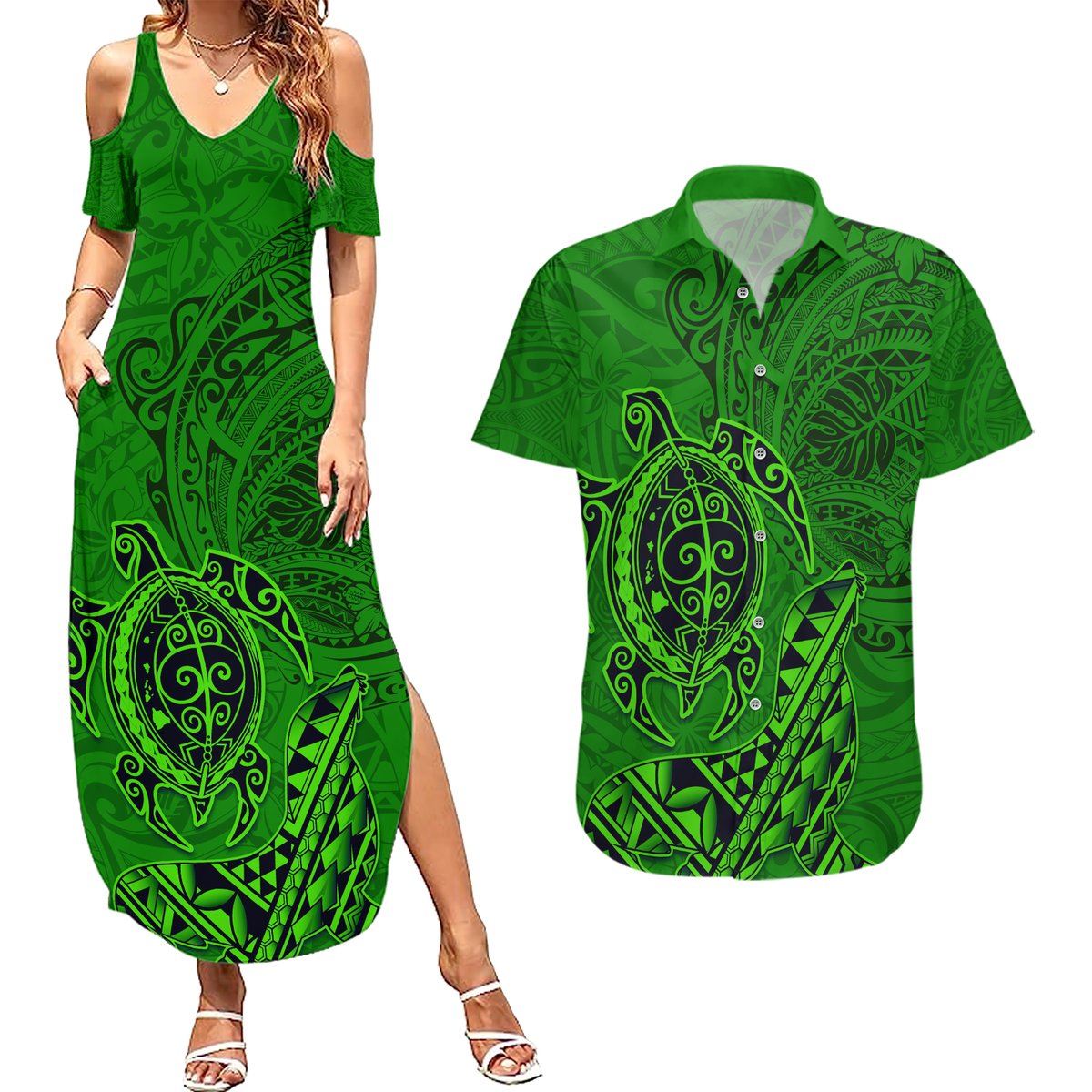Hawaii Monk Seal and Dolphin Couples Matching Summer Maxi Dress and Hawaiian Shirt Polynesian Kakau Pattern Green LT03 Green - Polynesian Pride