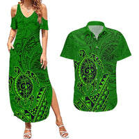Hawaii Monk Seal and Dolphin Couples Matching Summer Maxi Dress and Hawaiian Shirt Polynesian Kakau Pattern Green LT03 Green - Polynesian Pride