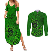 Hawaii Monk Seal and Dolphin Couples Matching Summer Maxi Dress and Long Sleeve Button Shirt Polynesian Kakau Pattern Green LT03 Green - Polynesian Pride