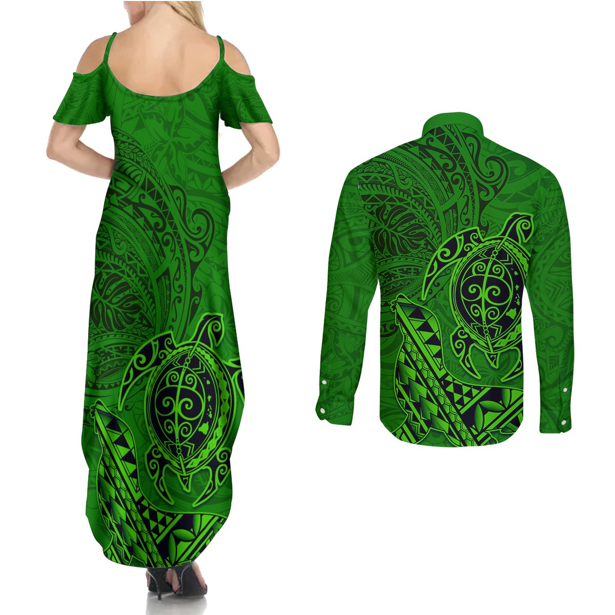 Hawaii Monk Seal and Dolphin Couples Matching Summer Maxi Dress and Long Sleeve Button Shirt Polynesian Kakau Pattern Green LT03 - Polynesian Pride