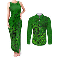 Hawaii Monk Seal and Dolphin Couples Matching Tank Maxi Dress and Long Sleeve Button Shirt Polynesian Kakau Pattern Green LT03 Green - Polynesian Pride