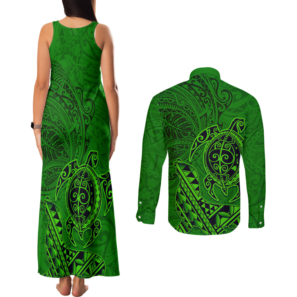 Hawaii Monk Seal and Dolphin Couples Matching Tank Maxi Dress and Long Sleeve Button Shirt Polynesian Kakau Pattern Green LT03 - Polynesian Pride