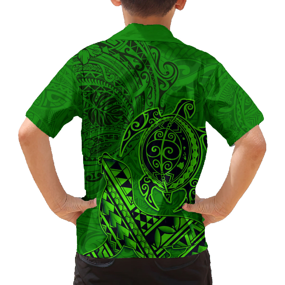 Hawaii Monk Seal and Dolphin Family Matching Long Sleeve Bodycon Dress and Hawaiian Shirt Polynesian Kakau Pattern Green