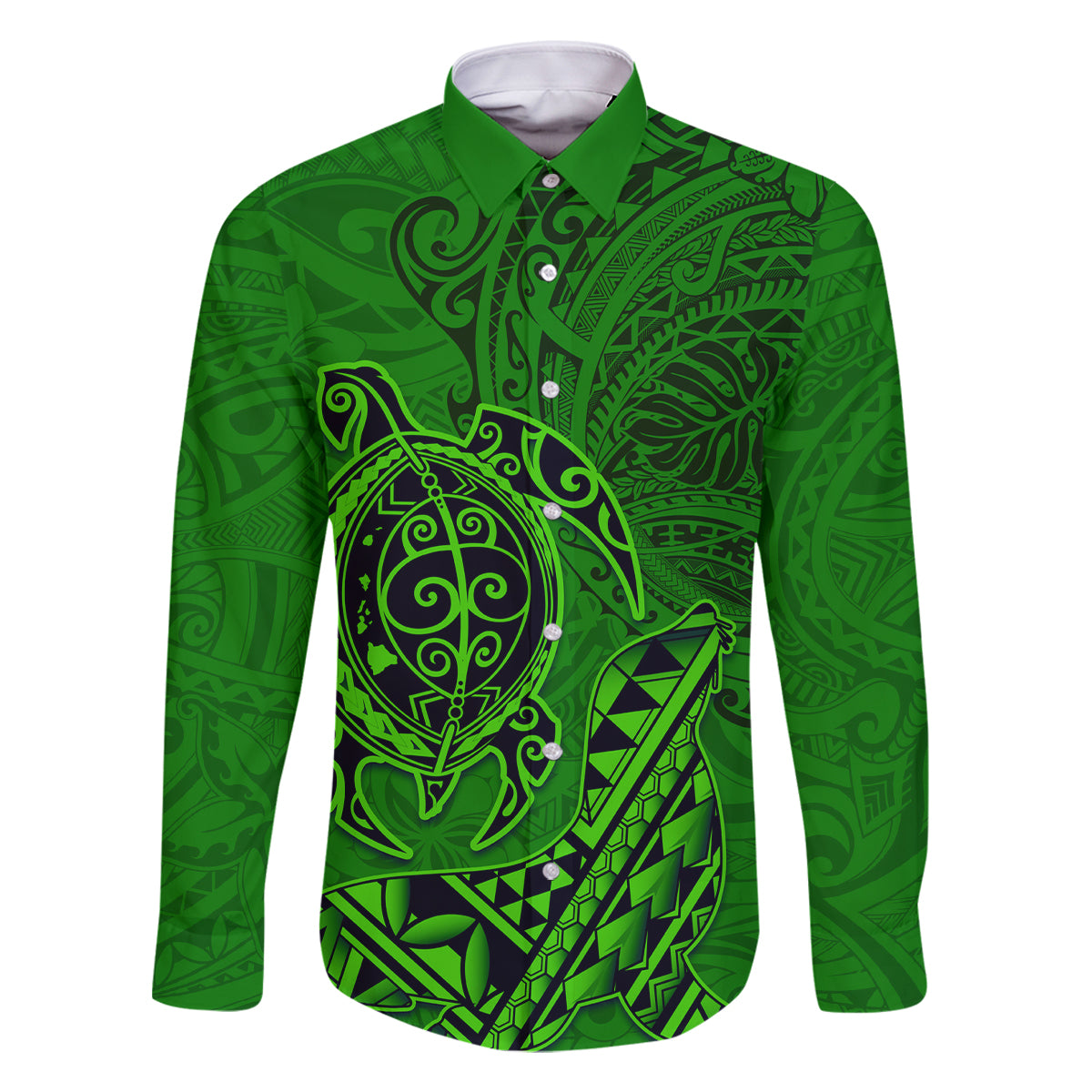 Hawaii Monk Seal and Dolphin Family Matching Long Sleeve Bodycon Dress and Hawaiian Shirt Polynesian Kakau Pattern Green