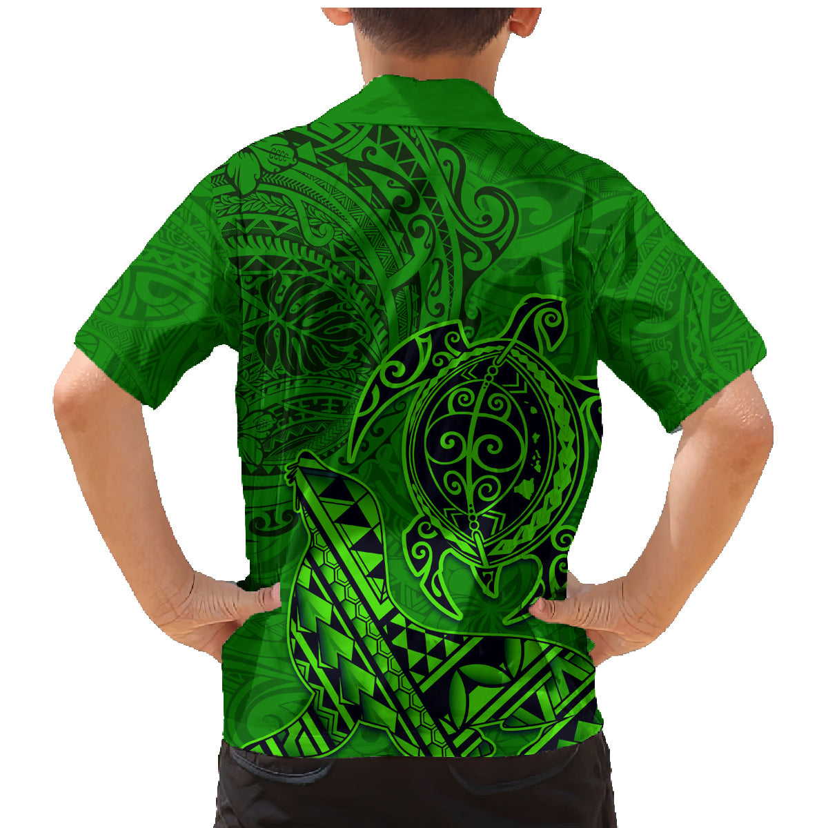 Hawaii Monk Seal and Dolphin Family Matching Mermaid Dress and Hawaiian Shirt Polynesian Kakau Pattern Green