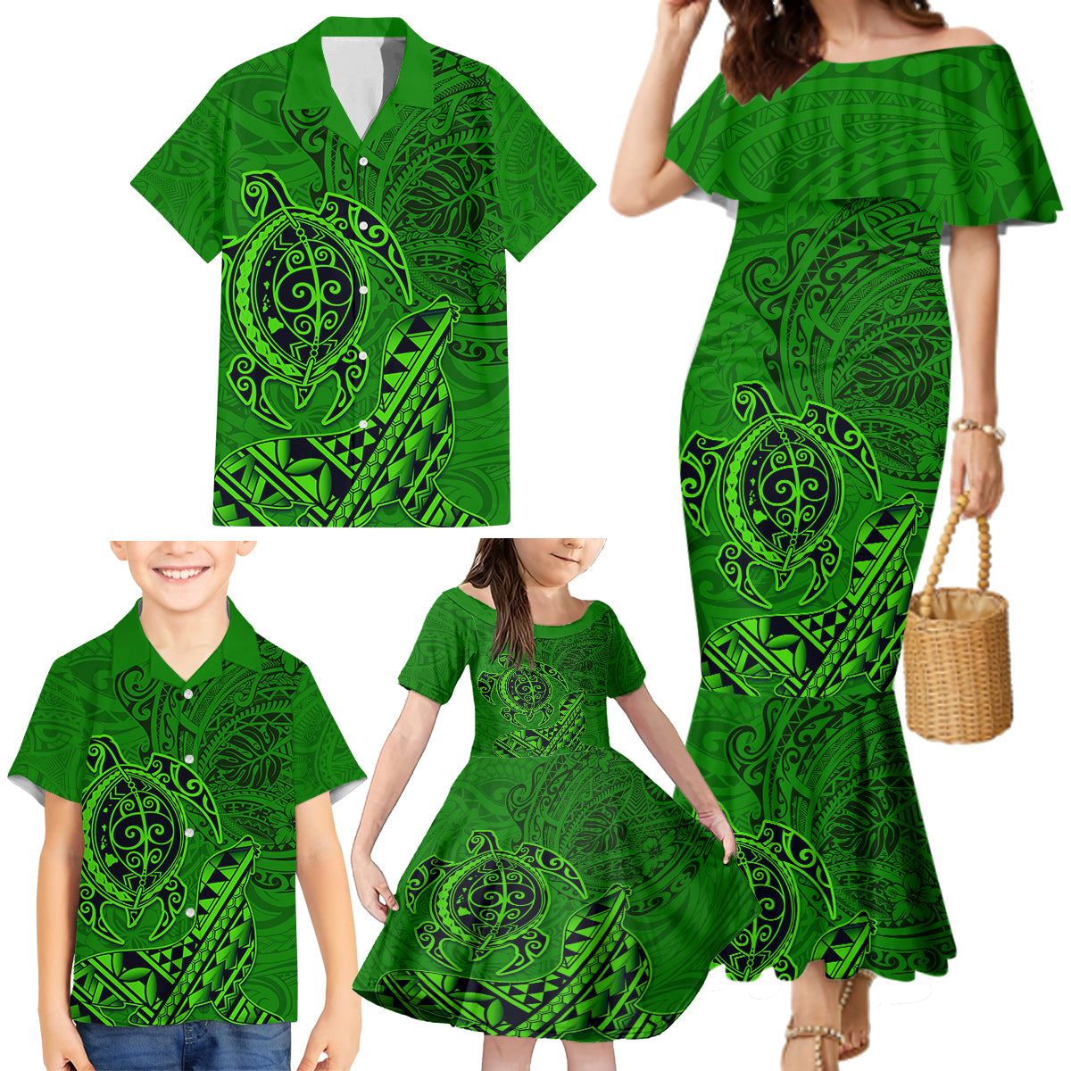 Hawaii Monk Seal and Dolphin Family Matching Mermaid Dress and Hawaiian Shirt Polynesian Kakau Pattern Green LT03 - Polynesian Pride