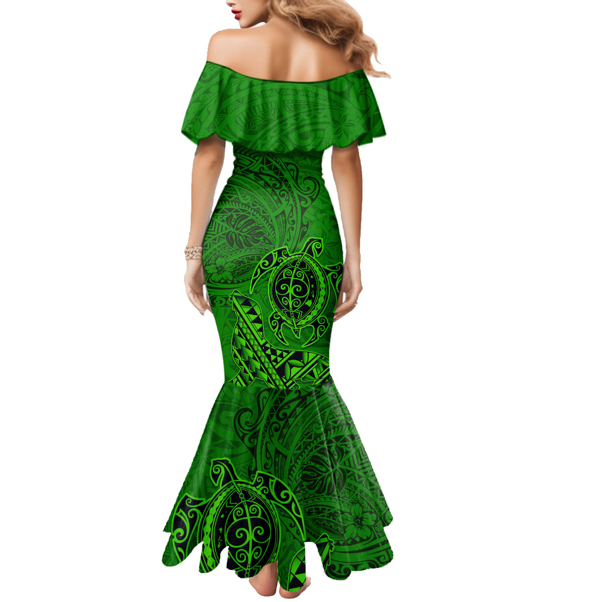 Hawaii Monk Seal and Dolphin Family Matching Mermaid Dress and Hawaiian Shirt Polynesian Kakau Pattern Green