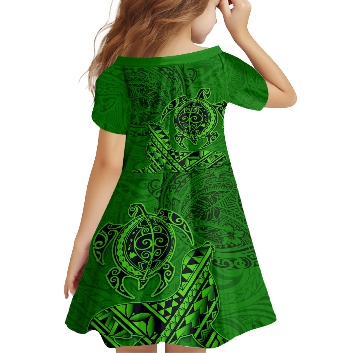 Hawaii Monk Seal and Dolphin Family Matching Off The Shoulder Long Sleeve Dress and Hawaiian Shirt Polynesian Kakau Pattern Green LT03 - Polynesian Pride