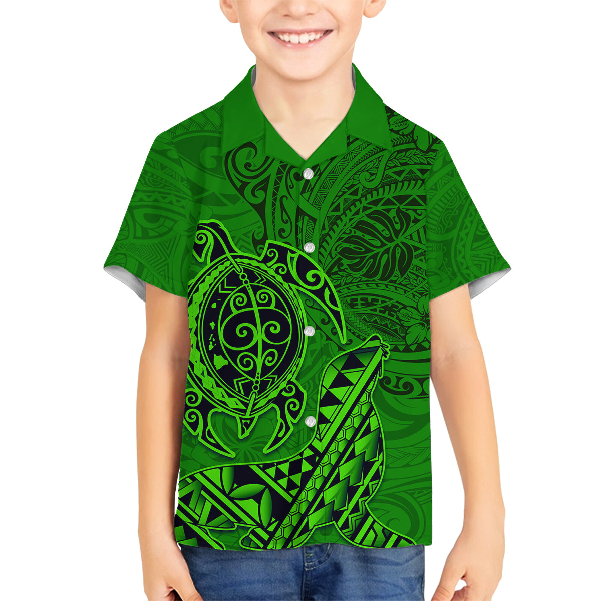Hawaii Monk Seal and Dolphin Family Matching Off The Shoulder Long Sleeve Dress and Hawaiian Shirt Polynesian Kakau Pattern Green LT03 Son's Shirt Green - Polynesian Pride