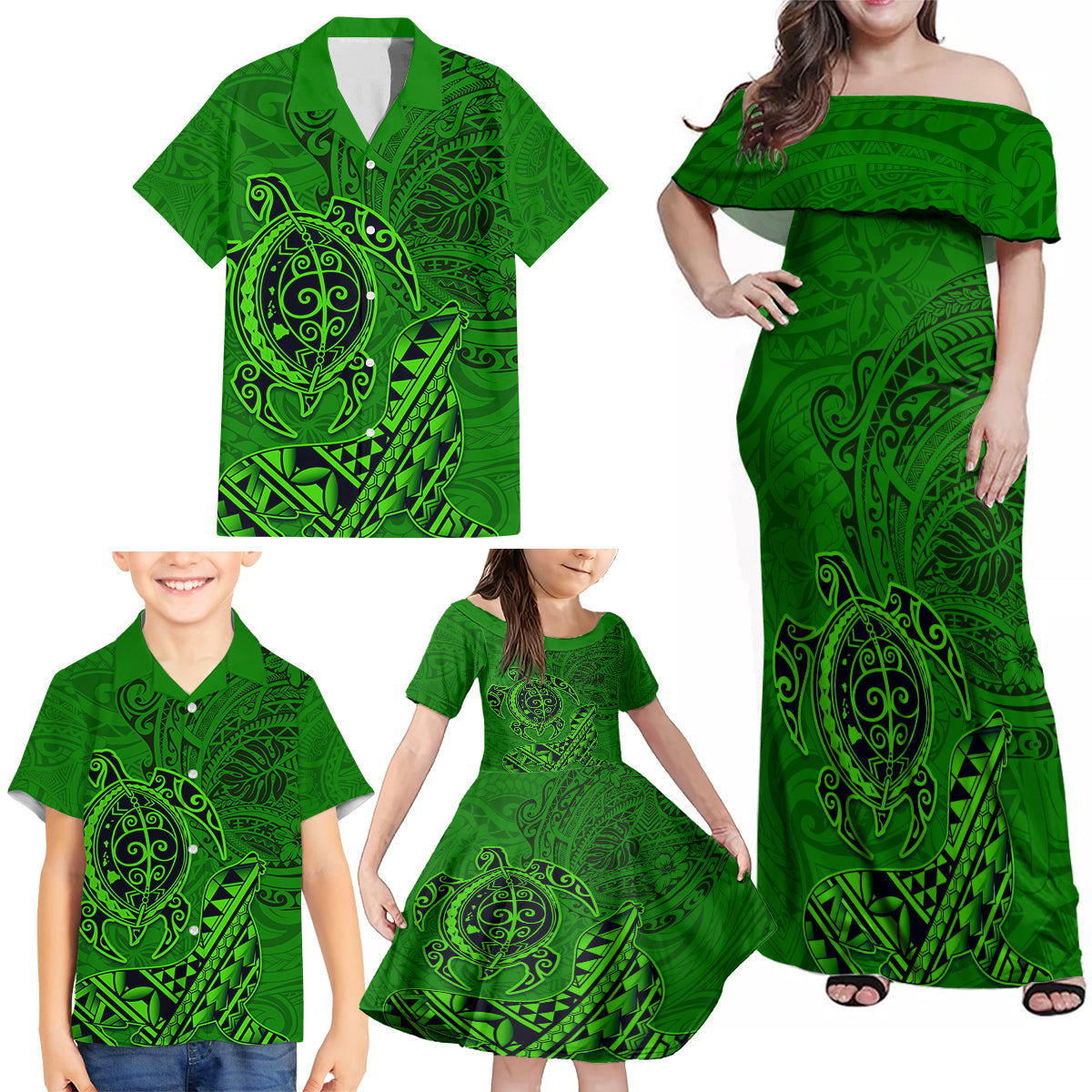 Hawaii Monk Seal and Dolphin Family Matching Off Shoulder Maxi Dress and Hawaiian Shirt Polynesian Kakau Pattern Green LT03 - Polynesian Pride