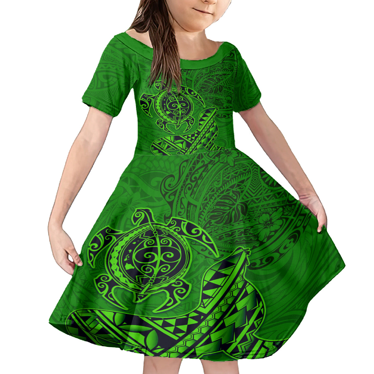 Hawaii Monk Seal and Dolphin Family Matching Off Shoulder Short Dress and Hawaiian Shirt Polynesian Kakau Pattern Green