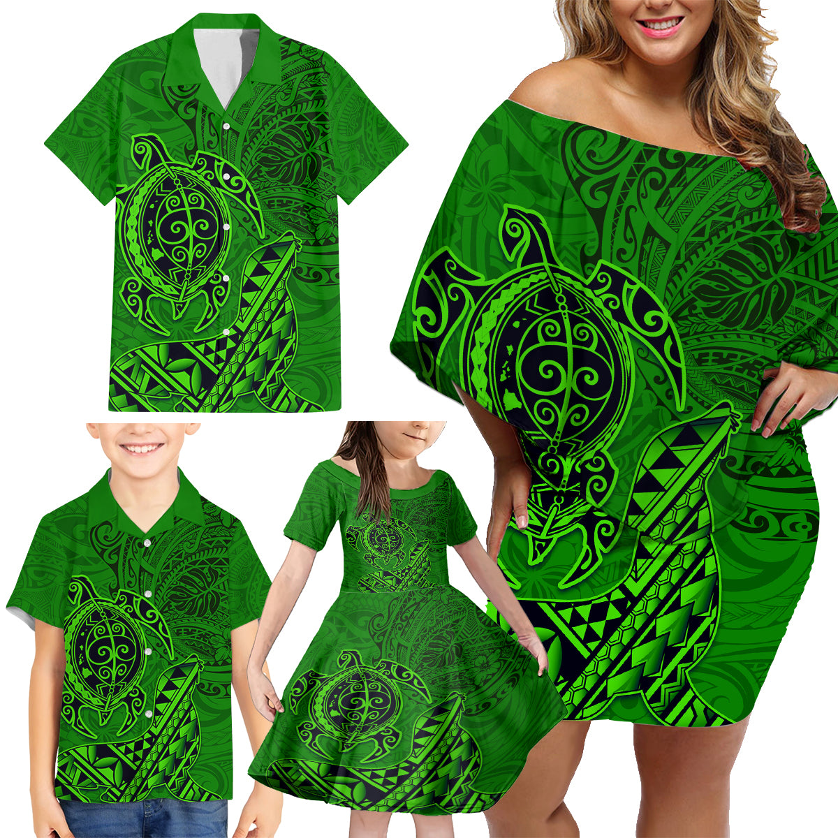 Hawaii Monk Seal and Dolphin Family Matching Off Shoulder Short Dress and Hawaiian Shirt Polynesian Kakau Pattern Green