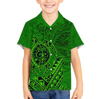 Hawaii Monk Seal and Dolphin Family Matching Off Shoulder Short Dress and Hawaiian Shirt Polynesian Kakau Pattern Green