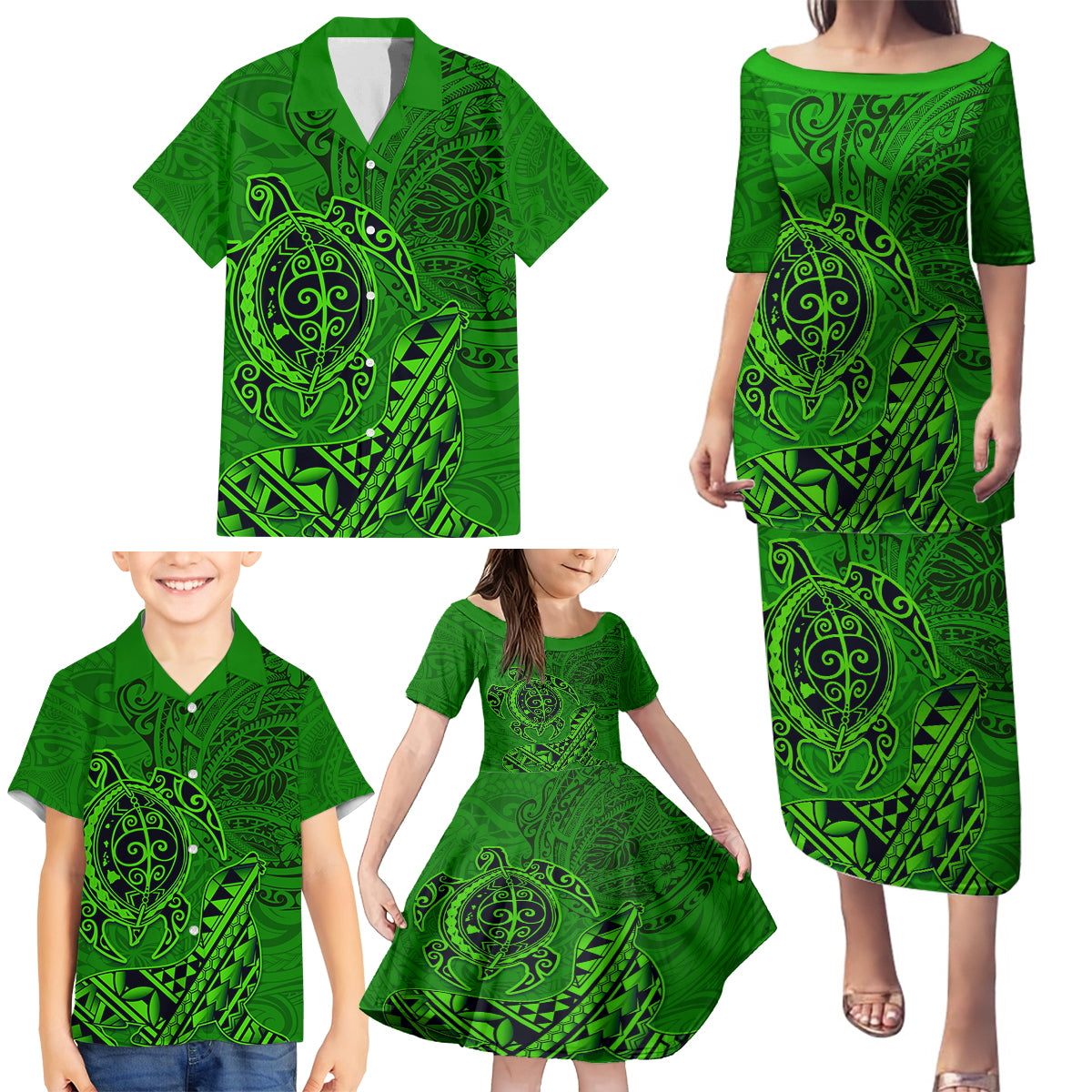 Hawaii Monk Seal and Dolphin Family Matching Puletasi and Hawaiian Shirt Polynesian Kakau Pattern Green