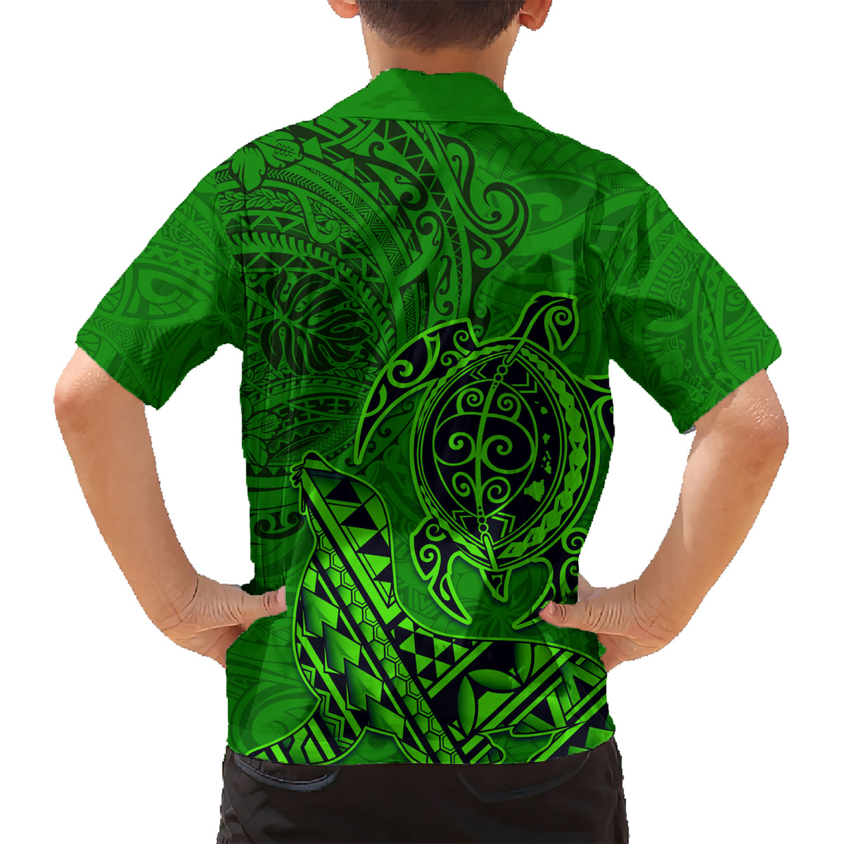Hawaii Monk Seal and Dolphin Family Matching Short Sleeve Bodycon Dress and Hawaiian Shirt Polynesian Kakau Pattern Green