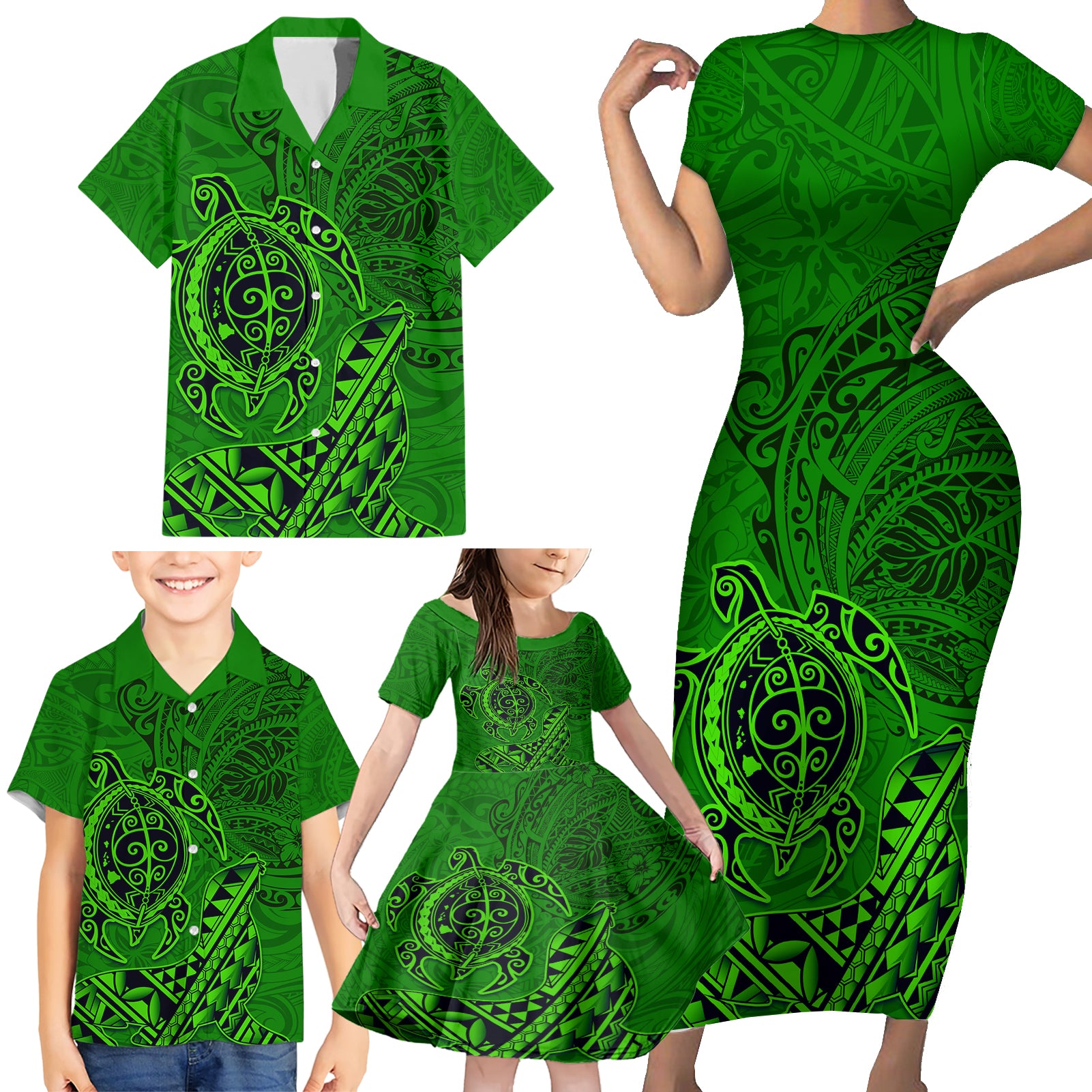 Hawaii Monk Seal and Dolphin Family Matching Short Sleeve Bodycon Dress and Hawaiian Shirt Polynesian Kakau Pattern Green