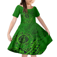 Hawaii Monk Seal and Dolphin Family Matching Summer Maxi Dress and Hawaiian Shirt Polynesian Kakau Pattern Green LT03 Daughter's Dress Green - Polynesian Pride