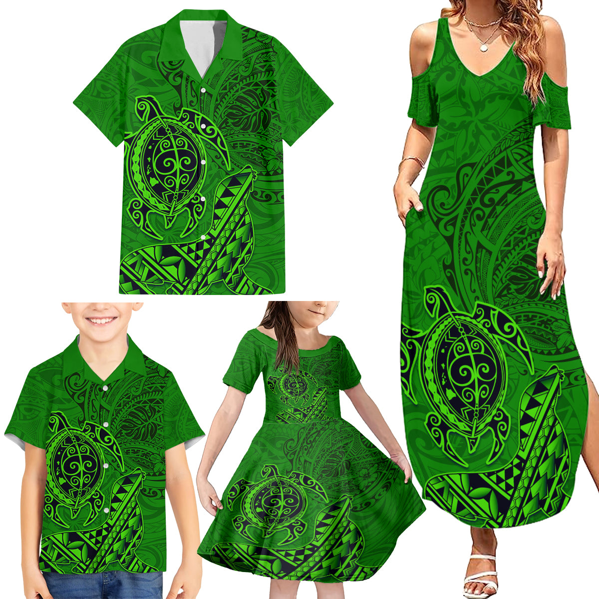 Hawaii Monk Seal and Dolphin Family Matching Summer Maxi Dress and Hawaiian Shirt Polynesian Kakau Pattern Green