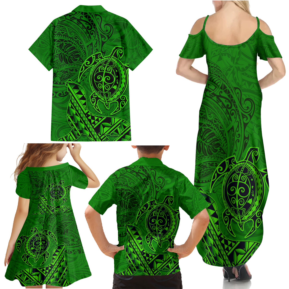 Hawaii Monk Seal and Dolphin Family Matching Summer Maxi Dress and Hawaiian Shirt Polynesian Kakau Pattern Green LT03 - Polynesian Pride