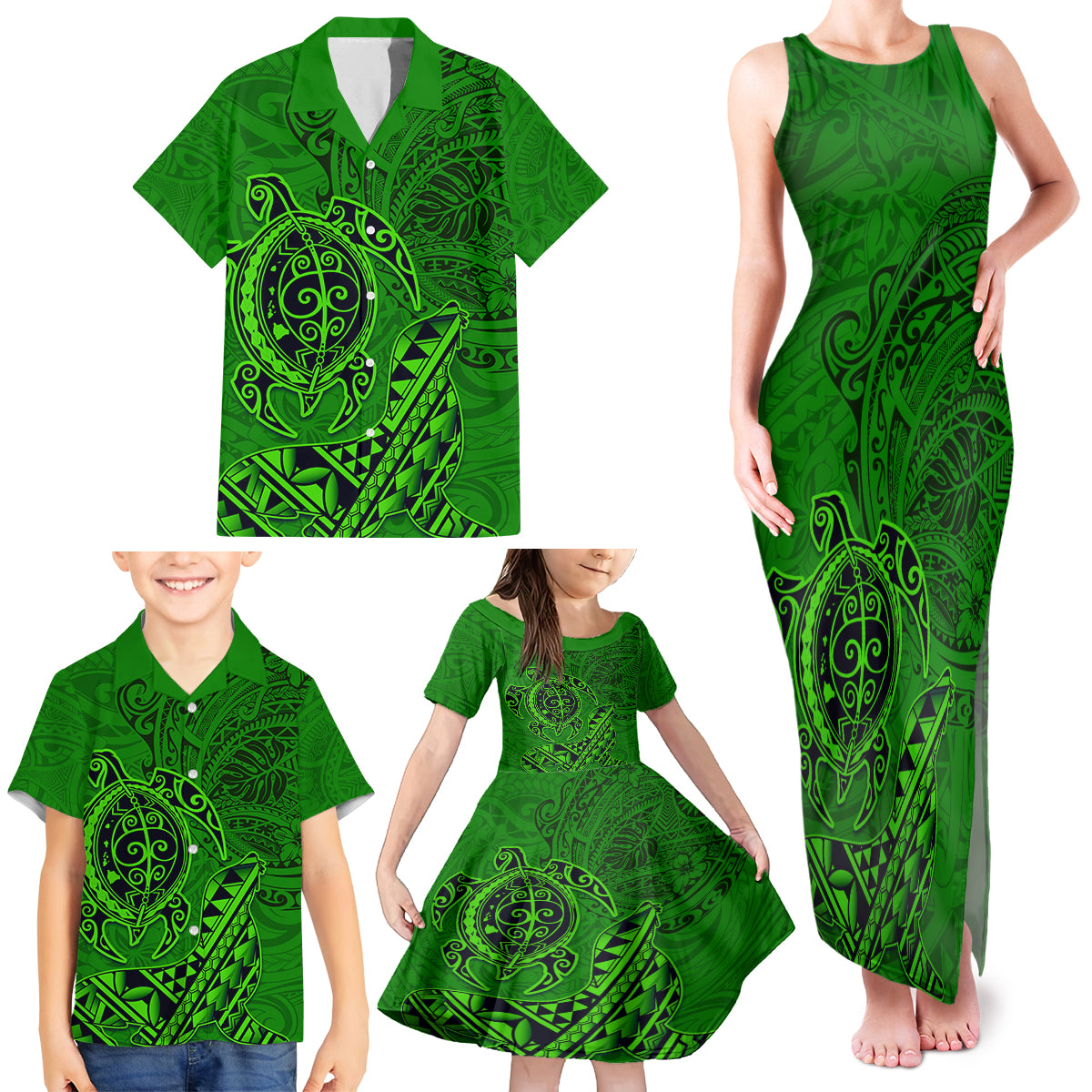 Hawaii Monk Seal and Dolphin Family Matching Tank Maxi Dress and Hawaiian Shirt Polynesian Kakau Pattern Green LT03 - Polynesian Pride
