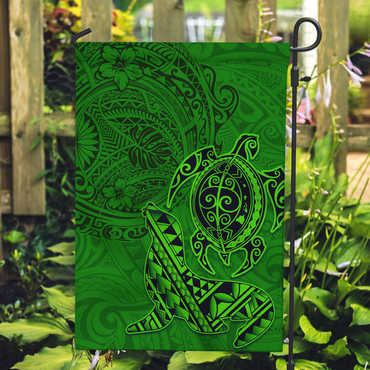 Hawaii Monk Seal and Dolphin Garden Flag Polynesian Kakau Pattern Green LT03 Garden Flag Green - Polynesian Pride