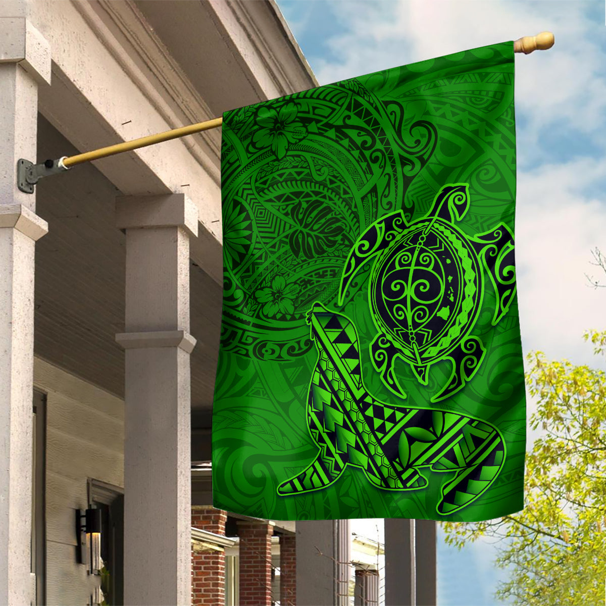 Hawaii Monk Seal and Dolphin Garden Flag Polynesian Kakau Pattern Green LT03 House Flag Green - Polynesian Pride