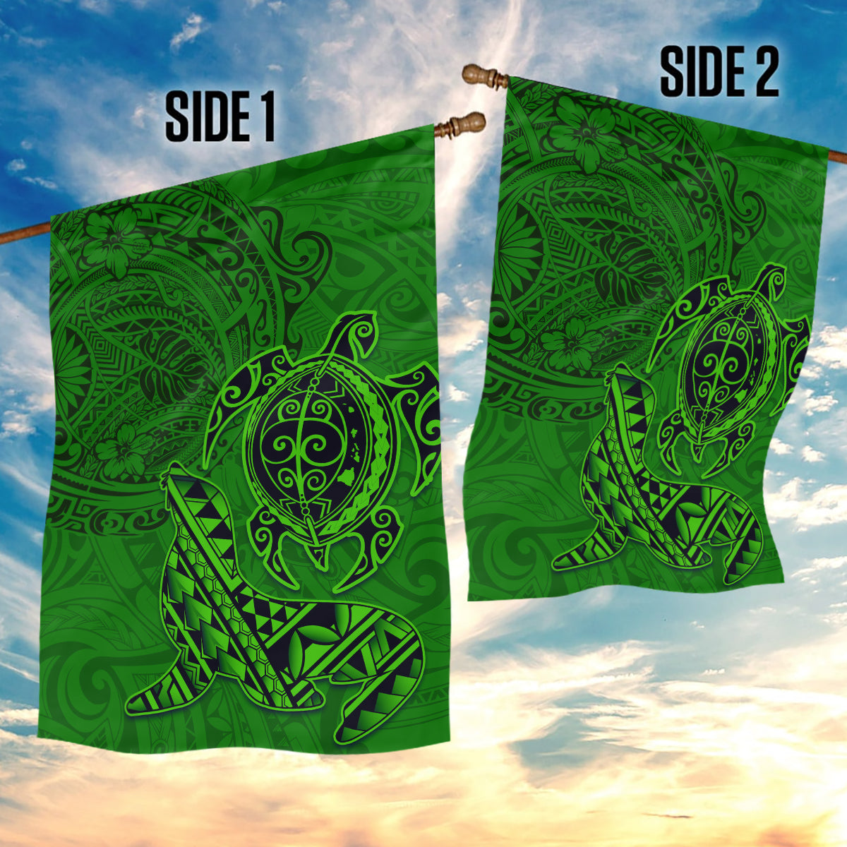 Hawaii Monk Seal and Dolphin Garden Flag Polynesian Kakau Pattern Green LT03 - Polynesian Pride