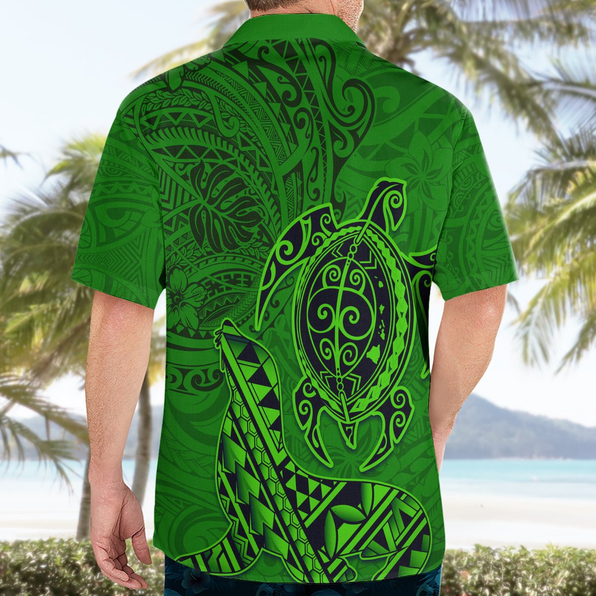 Hawaii Monk Seal and Dolphin Hawaiian Shirt Polynesian Kakau Pattern Green LT03 - Polynesian Pride