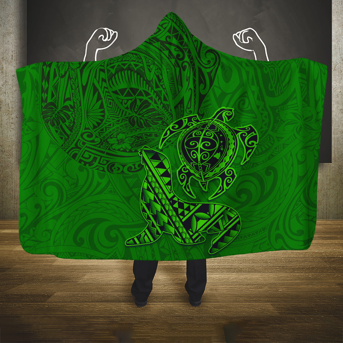 Hawaii Monk Seal and Dolphin Hooded Blanket Polynesian Kakau Pattern Green LT03 One Size Green - Polynesian Pride