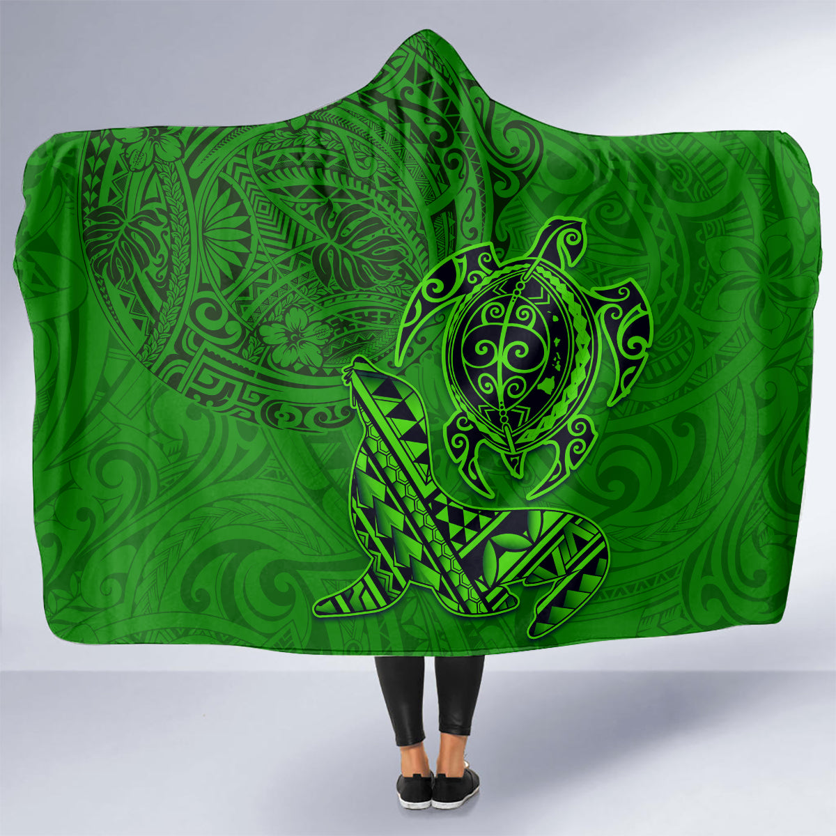 Hawaii Monk Seal and Dolphin Hooded Blanket Polynesian Kakau Pattern Green LT03 - Polynesian Pride