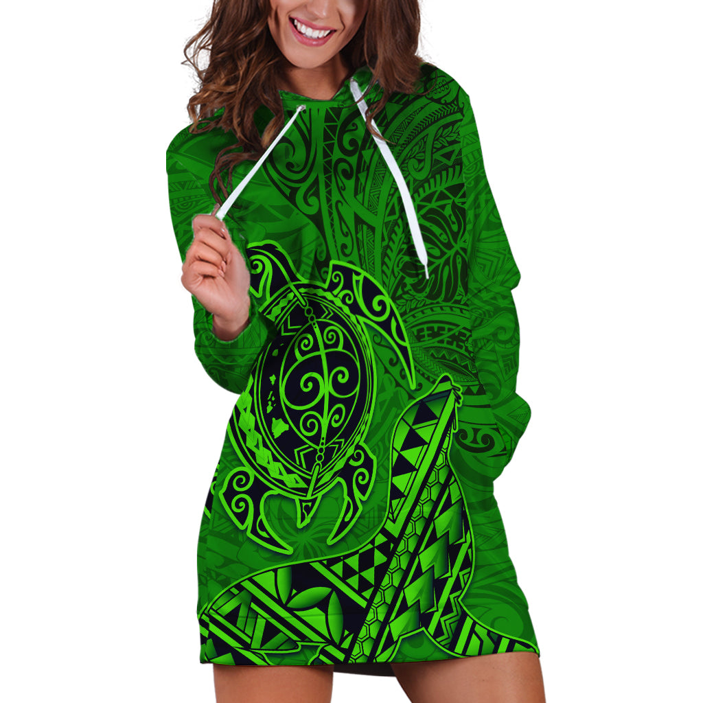 Hawaii Monk Seal and Dolphin Hoodie Dress Polynesian Kakau Pattern Green