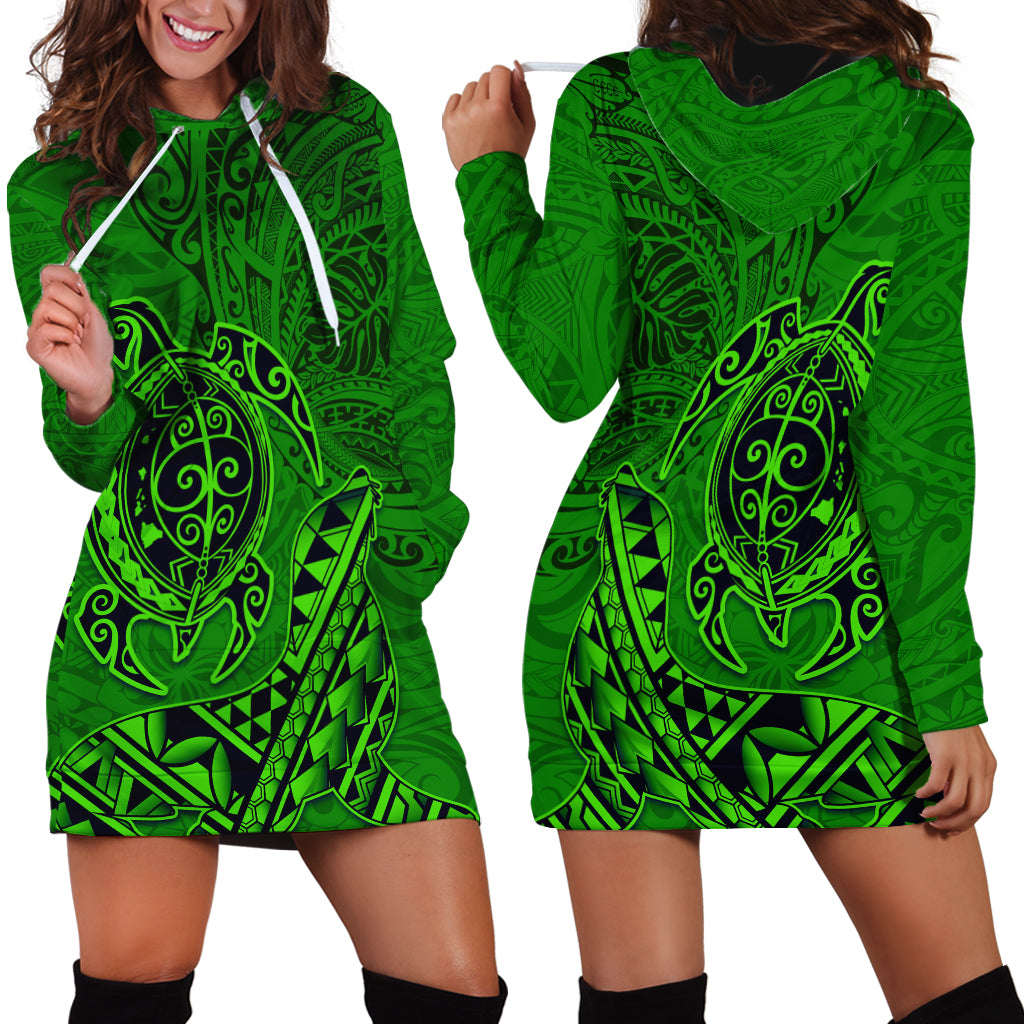 Hawaii Monk Seal and Dolphin Hoodie Dress Polynesian Kakau Pattern Green LT03 - Polynesian Pride
